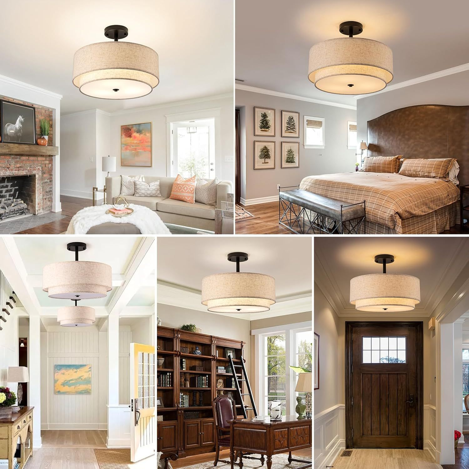 16" Modern Fabric Flush Mount Ceiling Light – Linen Drum Shade, E26, Dimmable, Gold/Black Finish 8