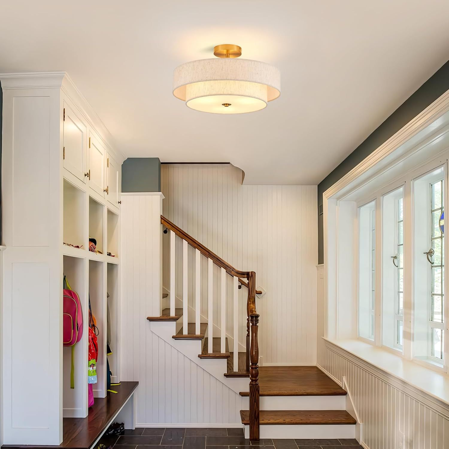 16" Modern Fabric Flush Mount Ceiling Light – Linen Drum Shade, E26, Dimmable, Gold/Black Finish 6