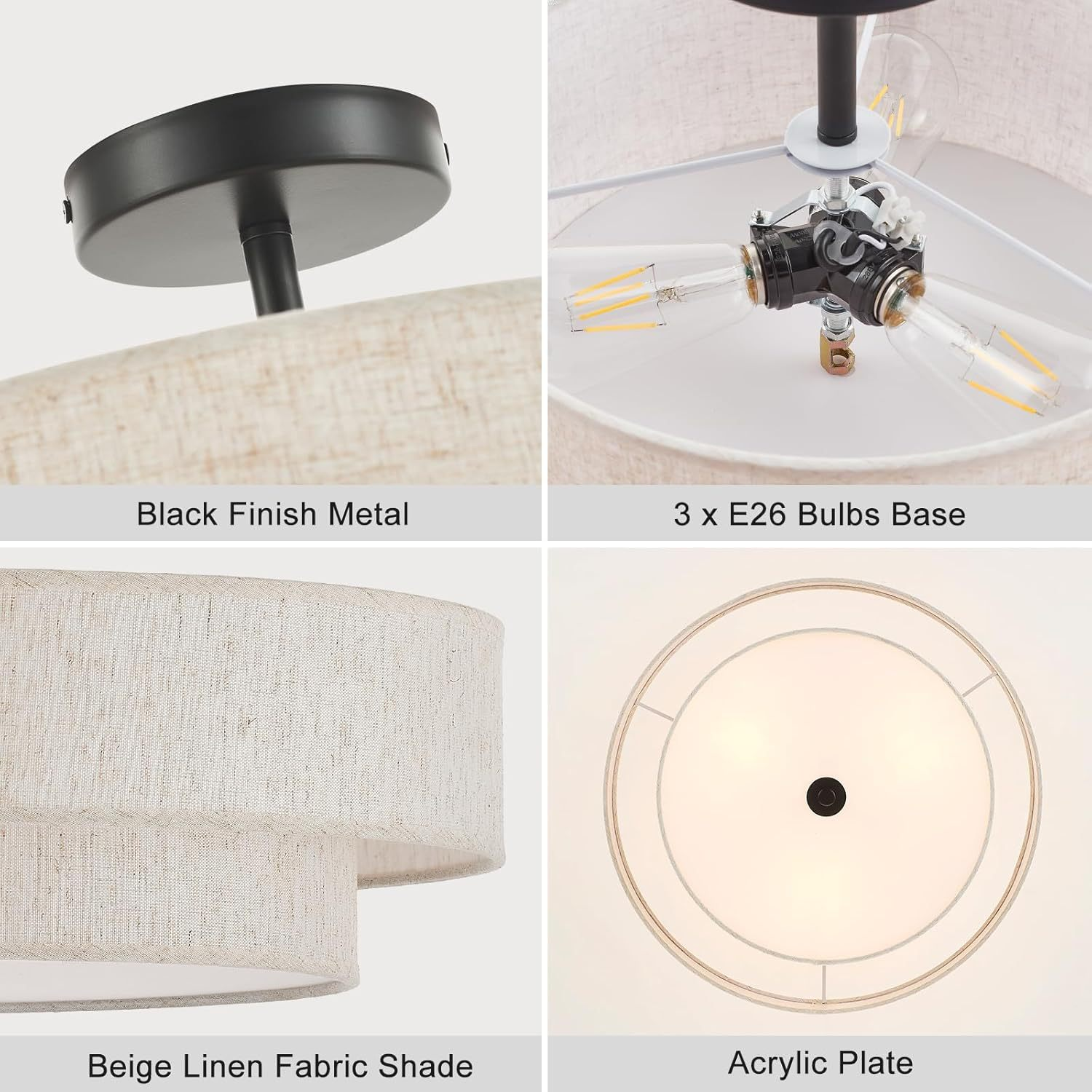 16" Modern Fabric Flush Mount Ceiling Light – Linen Drum Shade, E26, Dimmable, Gold/Black Finish 5 16" Modern Fabric Flush Mount Ceiling Light – Linen Drum Shade, E26, Dimmable, Gold/Black Finish - Image 5