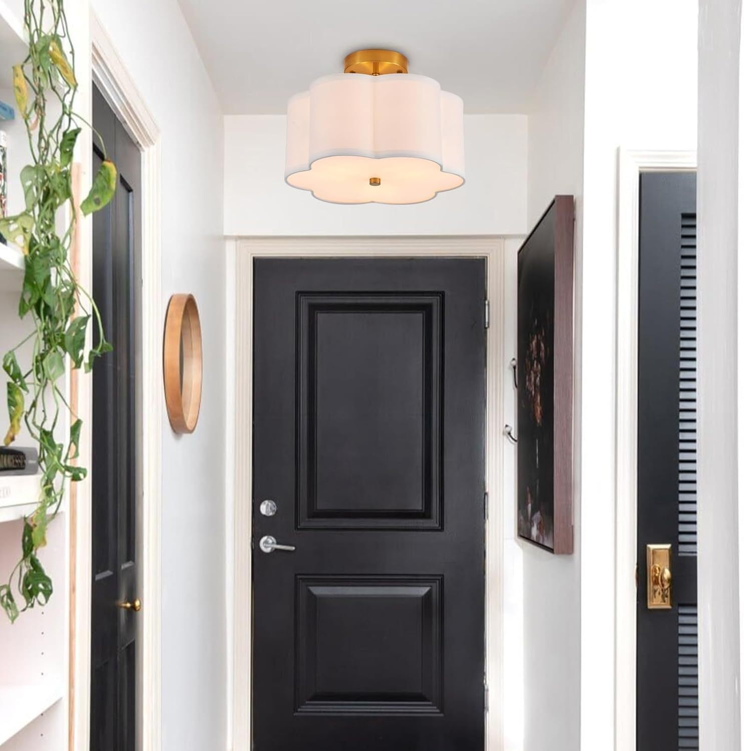 16" Modern Fabric Flush Mount Ceiling Light – Linen Drum Shade, E26, Dimmable, Gold/Black Finish 7