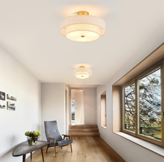 16" Modern Fabric Flush Mount Ceiling Light – Linen Drum Shade, E26, Dimmable, Gold/Black Finish 3 16" Modern Fabric Flush Mount Ceiling Light – Linen Drum Shade, E26, Dimmable, Gold/Black Finish - Image 3