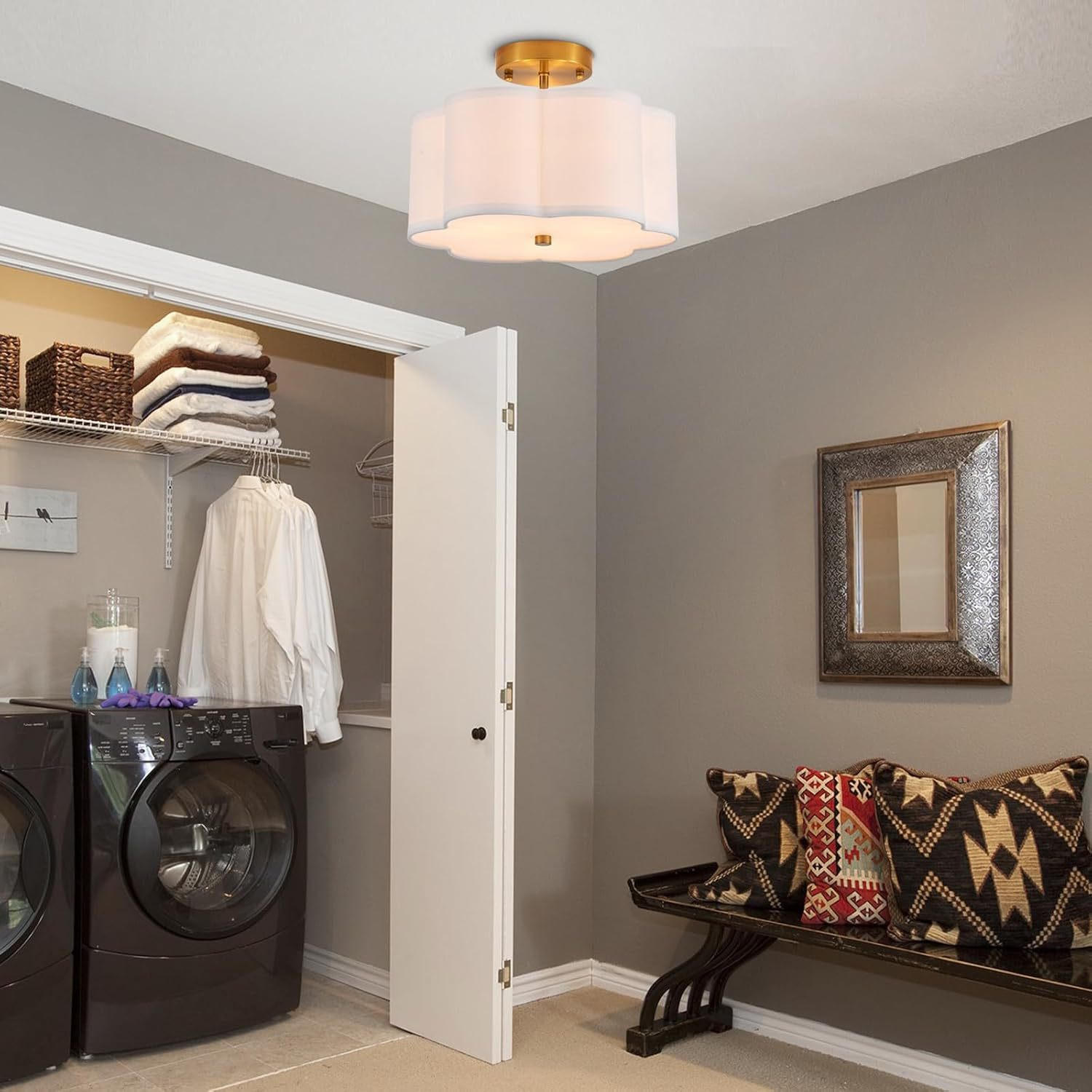 16" Modern Fabric Flush Mount Ceiling Light – Linen Drum Shade, E26, Dimmable, Gold/Black Finish 4 16" Modern Fabric Flush Mount Ceiling Light – Linen Drum Shade, E26, Dimmable, Gold/Black Finish - Image 4