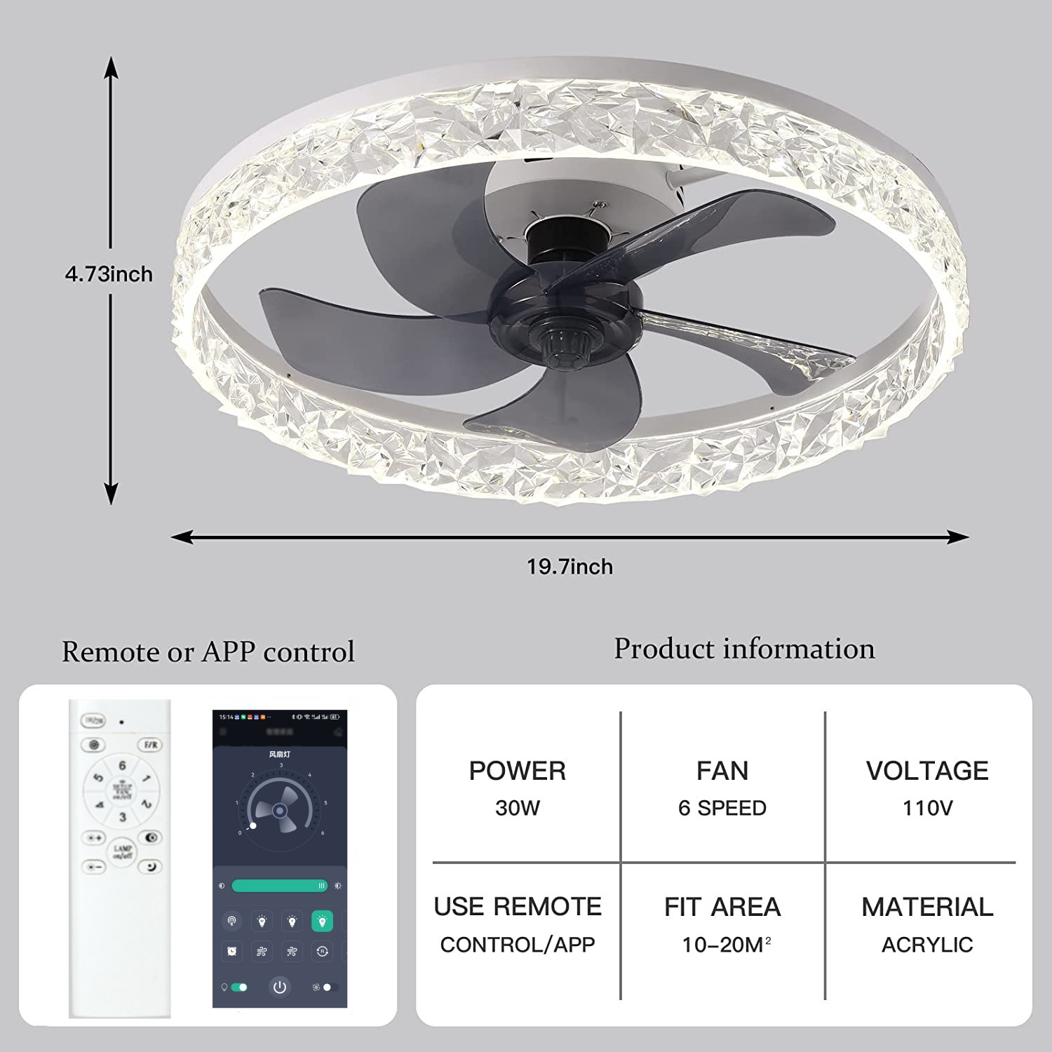 Nordic Crystal Ceiling Fan Light – LED Dimmable, Black & White, Bedroom Living Room, 85-265V Wholesale 6 Nordic Crystal Ceiling Fan Light – LED Dimmable, Black & White, Bedroom Living Room, 85-265V Wholesale - Image 6