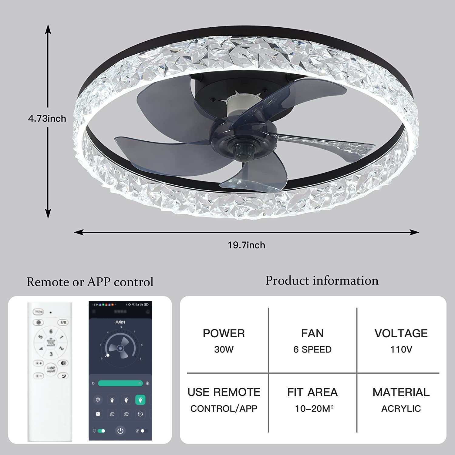 Nordic Crystal Ceiling Fan Light – LED Dimmable, Black & White, Bedroom Living Room, 85-265V Wholesale 7 Nordic Crystal Ceiling Fan Light