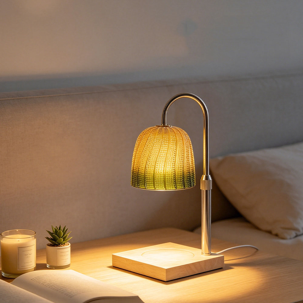 Adjustable Decorative Wax Melt Lamp | Green Glass Solid Wood | 7 Voltage Specs | Aromatherapy Ambient Night Light 6