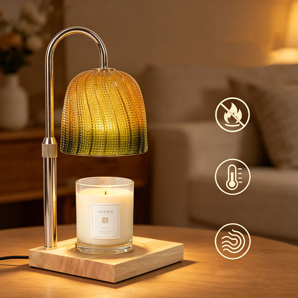 Adjustable Decorative Wax Melt Lamp | Green Glass Solid Wood | 7 Voltage Specs | Aromatherapy Ambient Night Light 9